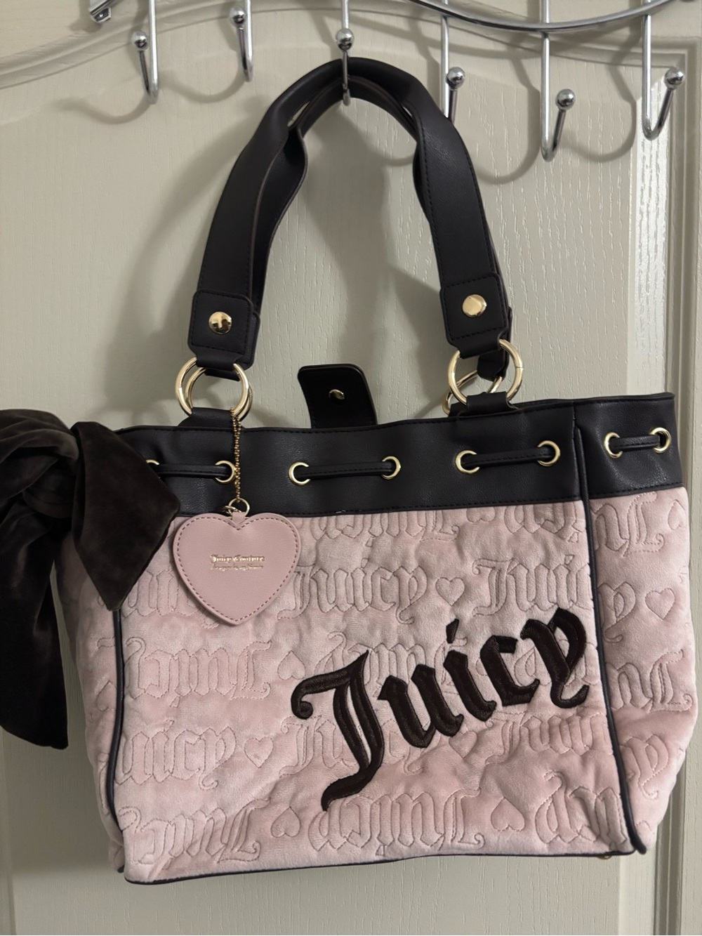 Juicy Couture Pink and Black Quilted Logo Tote with Heart Charm